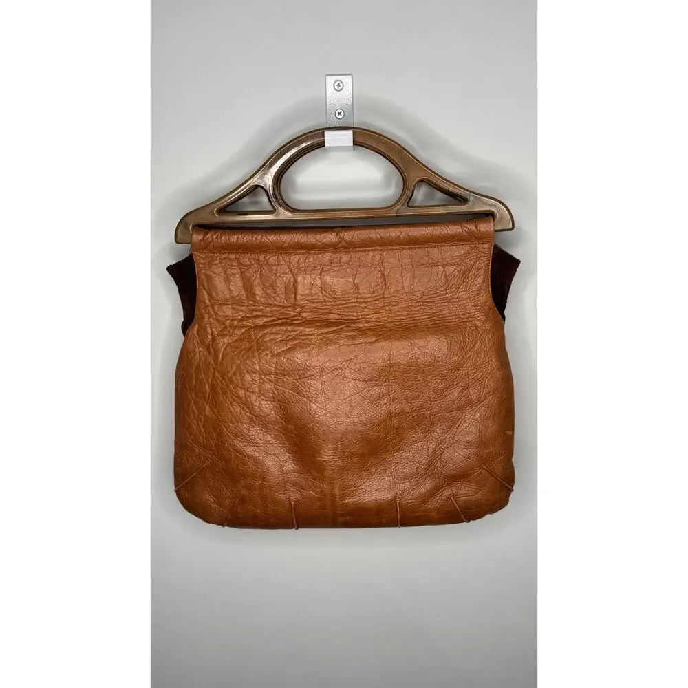 1990s Lilith NYC Acrylic Handle Leather Bag Cognac Brown Suede Purse